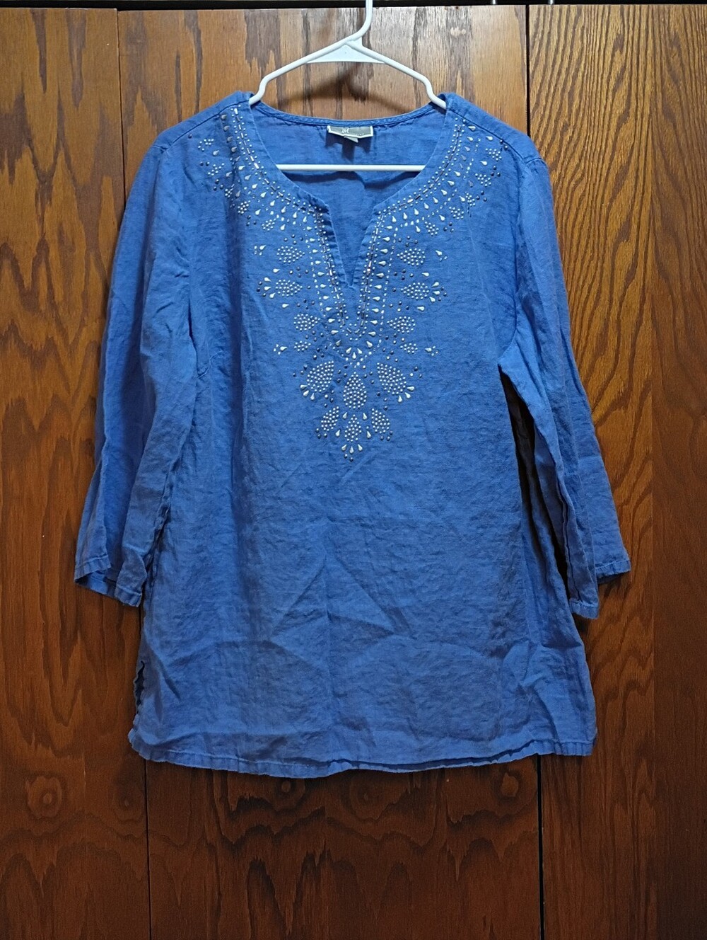 JM Collection Blue Embellished V-Neck Women's Top